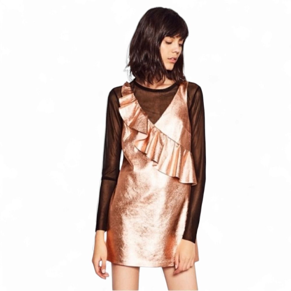 ZARA Metallic Rose Gold Faux Leather Deep V Ruffle Frill Mini PartyDress Small